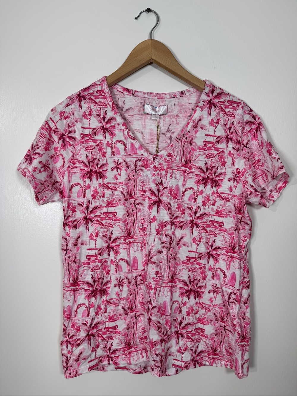WAT27 {Stella Parker} Pink White Tropical Print Short Sleeve V-Neck T-Shirt Tee